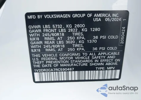 2024 Volkswagen Atlas 2.0T Se z USA, uszkodzony, nr VIN 1V2DR2CA7RC590487